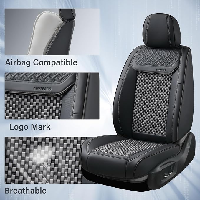 Coverado Leather Seat Covers for Car, Waterproof Car Seat Covers Full Set, 2 in 1 Conversions Car Seat Cover Protector Car Accessories Universal Fit for Most Cars SUVs and Trucks (Black&Gray)