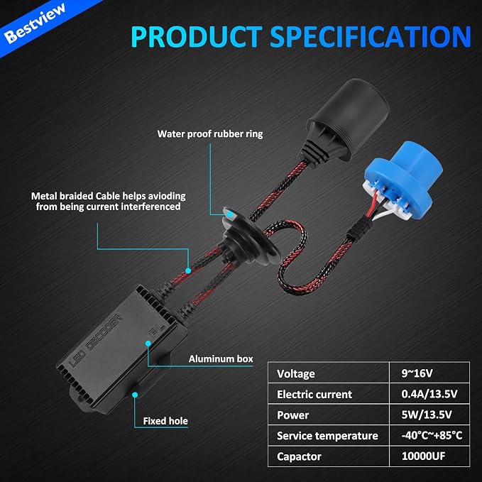 2PCS 9007/HB5 LED Light Canbus Decoder: Anti Flicker Harness, Resistor Decoders Error Free, LED Warning Canceller Resistor Adapter, 9007 Canbus Decoder Upgrade with Waterproof Rubber Ring
