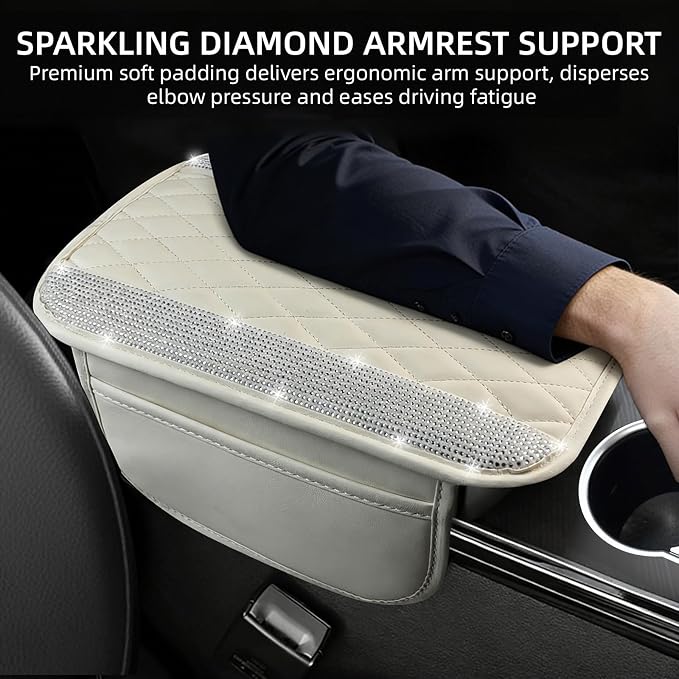 NBTEPEM Bling White Car Center Console Cover, Leather Car Arm Rest Cover with 2 Storage Bags, Universal Auto Armrest Protector Storage Box, Bling Accessories Interior for Most Vehicles