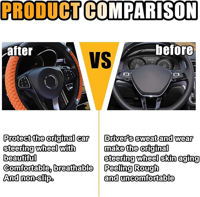 JOYCOURT 15 Inch Bling Soft Leather Car Steering Wheel Cover, Orange | Colorful Rhinestones Design, Auto Elastic Protector for Women Girls, Crystal Diamond Car Accessories for Most Cars, SUVs