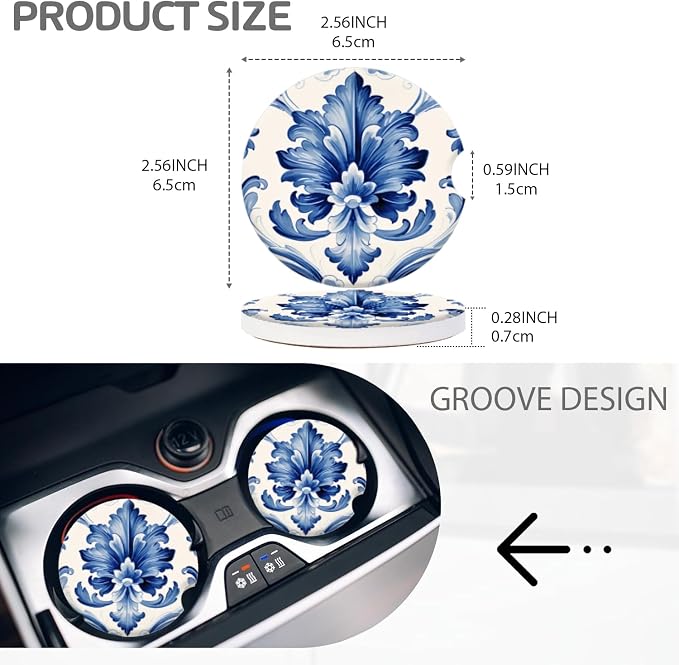 Cup Holder for Car,Blue and White Floral Elegant Print Ceramic Coasters Non-Slip Cup Holder Insert with Fingertip Grip, Auto Interior Accessories for Women & Men,Pack of 2, 2.56In