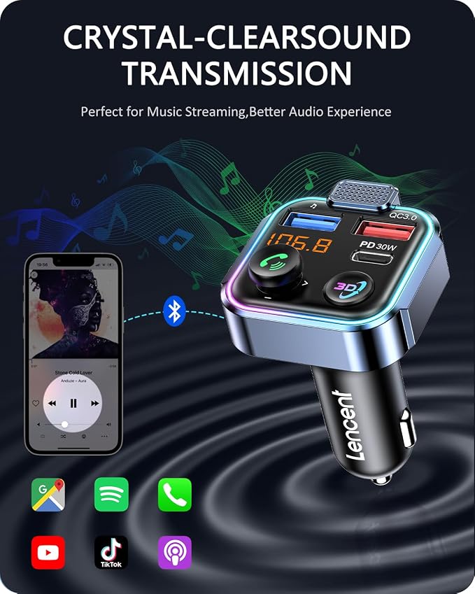 LENCENT Bluetooth 5.3 FM Transmitter, Wireless Radio Adapter Car Kit | Type-C PD 30W+ QC3.0 Fast USB Charger, Hands-Free Calling, Audio Stereo Mp3 Player Receiver, Supports U Disk, Color Light