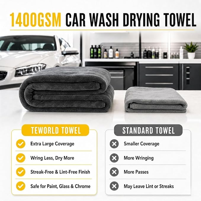 teworld® Car Drying Towel, Extra Large 48 x 24 Inch, 1400 GSM, Dual-Grey | Twisted Loop Microfiber Towel for Cars - Absorbent Car Dry Towel and Car Wash Towel for Streak-Free, Paint-Safe Car Detailing