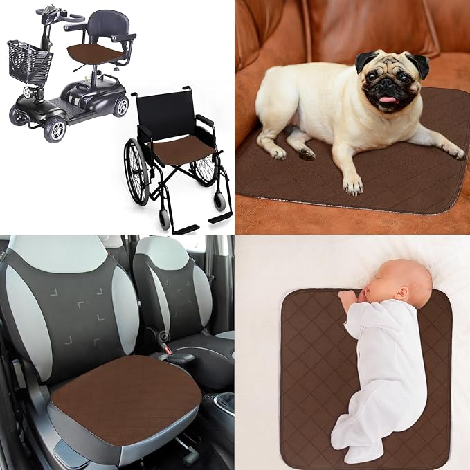 Waterproof Chair Pads for Incontinence 22" x 21", 4 Pack Non Slip Absorbent Wheelchair Reusable Seat Protector, Washable Seat Covers for Chairs, Brown