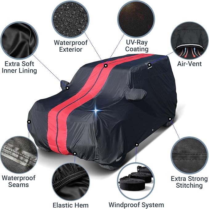 iCarCover Premium Heavy Duty SUV Car Cover - Waterproof All Weather Rain Snow UV Protection, VW ID.4, XT4, Corsair, Ariya, CR-V, Forester, Q4, 4Runner, Size S51 (See Size Chart), Stripe - Black/Red