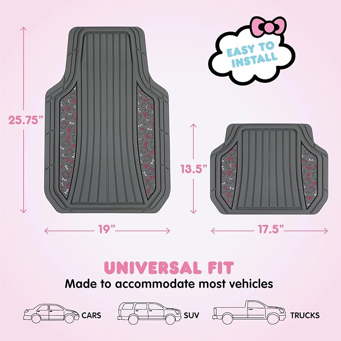 Hello Kitty Car Mats 4pc Floor Mats for Cars Trucks SUVs Grey Car Floor Mats for Women Men Accessories Rubber Heavy Duty Cute Non-Slip Always Front Rear Hello Kitty Cars Accessories Gray/Pink