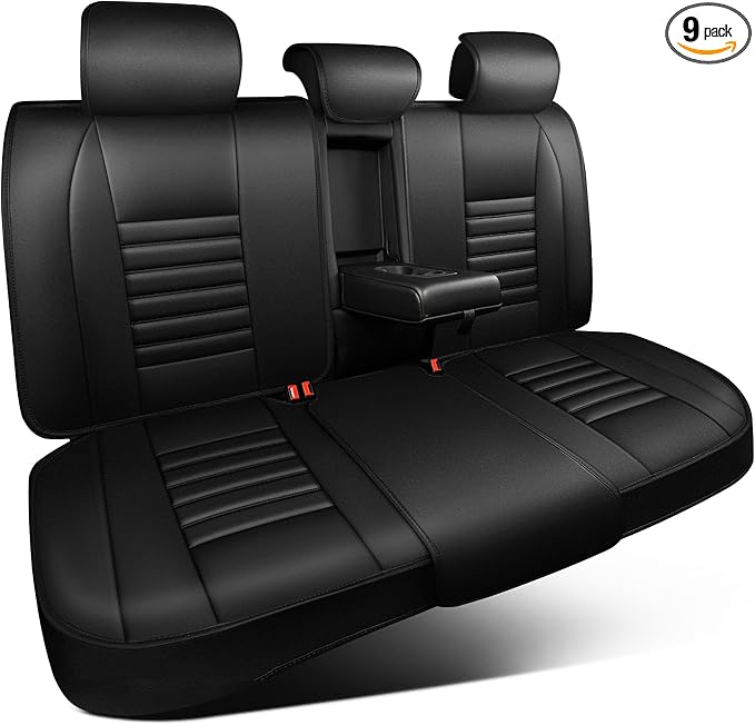 CAR PASS Back Seat Covers, Nappa Leather Rear Seat Bench Cushion Lined Sponge Waterproof Breathable PU Split Back Row Protector Universal Fit for Car Vehicle Sedan SUV Pickup Truck, Back Rear Seats