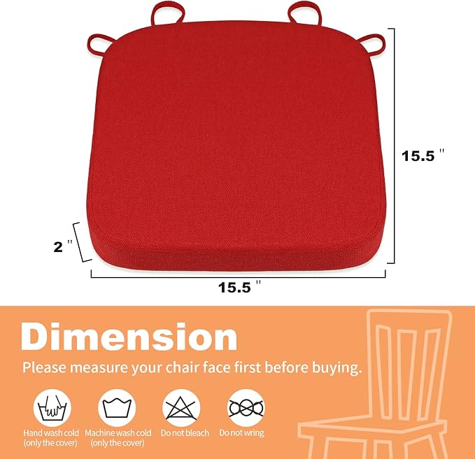 SINOSSO Memory Foam Chair Cushions for Folding Chairs 6 Pack, Thickened 2" Square Pads with Ties for Kitchen Chairs, Indoor Non-Slip Dining Chair Seat Cushions (Set of 6, Red)