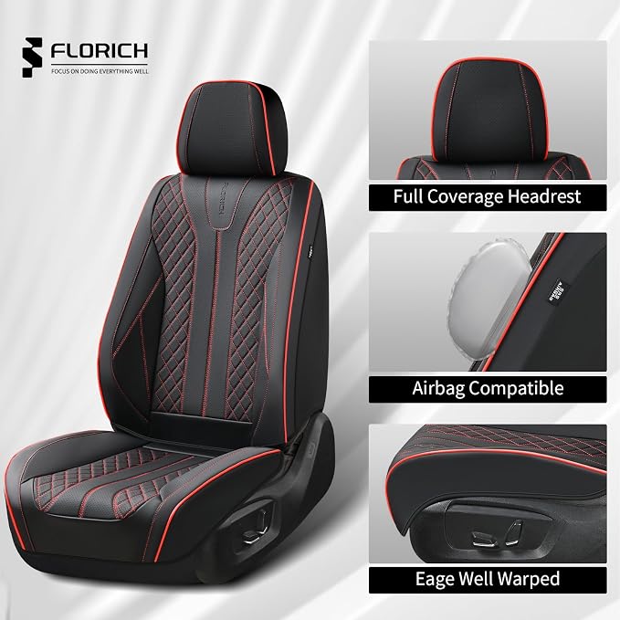 FLORICH Leather Seat Covers Car Seat Cover Front and Rear Seat Cover 5 Seats Automotive Seat Covers Waterproof Seat Covers for Cars Universal Fit for Most Cars SUV Trucks, Black&Red Line
