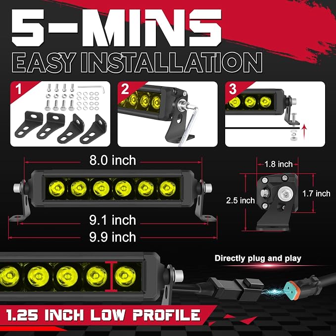 OFFROADTOWN 8inch 120W 2pcs LED Light Bar Amber Single Row Fog Lights LED Pods Slim Offroad Driving Lights Yellow Spot Bumper Light with Wiring Harness for Truck ATV UTV Jeep Motorcycle