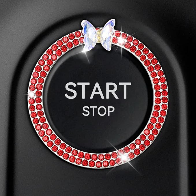 Bling Car Push Start Button Accessories for Women, Sparkling Butterfly Rhinestone Car Engine Push to Start Button Cover Decoration Ring Emblem, Car Interior Decoration Accessories (Red)