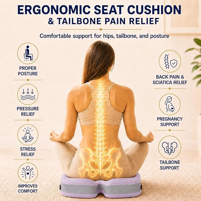 Seat Cushions for Office Chairs Wheelchair Cushion for Long Sitting Back Pain，Memory Foam Seat Car Computer Desk Chair Cushion，Coccyx Cushion for Tailbone Pain Relief Office Chair Butt Pillow Purple | Suitable for prolonged sitting, relieves tailbone p...