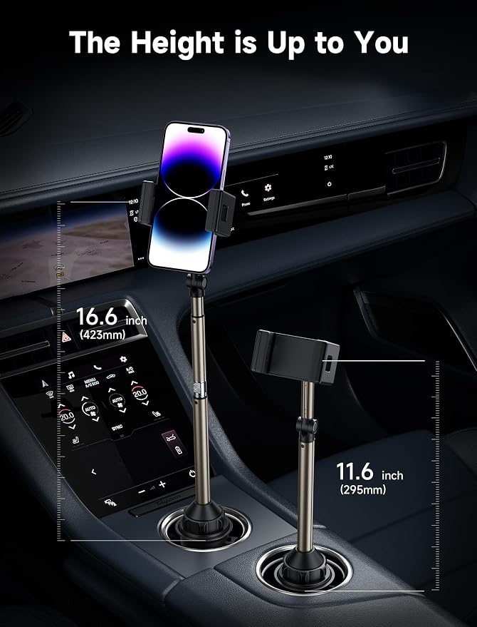 JSAUX Car Cup Holder Phone Mount, Metal Long Arm, Adjustable Base | Sturdy Metal Arm, Adjustable Height and Angle, Secure Phone Grip, Fits 2.17-4.33 in Car Cup Holders