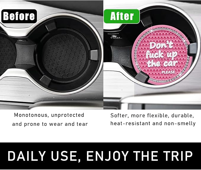 Ohleats Bling Car Cup Coaster, 2.75 Inch Non-Slip Don't Fuck Up My Car Please Cup Holder Insert Coaster, Crystal Rhinestone Auto Drink Cup Mat, Universal Car Accessories (Pink-4PCS)