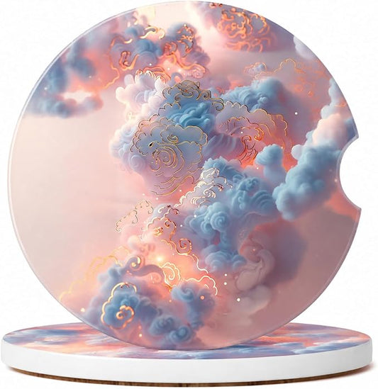 2Pack Car Cup Holder Coasters Absorbent Ceramic Coaster 2.56" for Women & Men Cute Car Accessories Pink Clouds