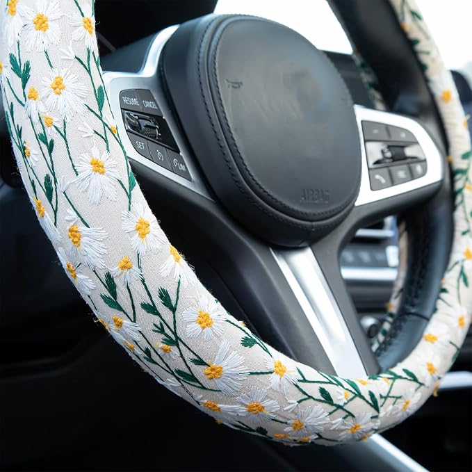 Embroidered Flowers White Cute Daisy Steering Wheel Cover Auto Anti-Slip Breathable Rubber Steering Wheel Protector,Floral Car Accessories for Women,Universal Size Fit Most Cars -15 inch