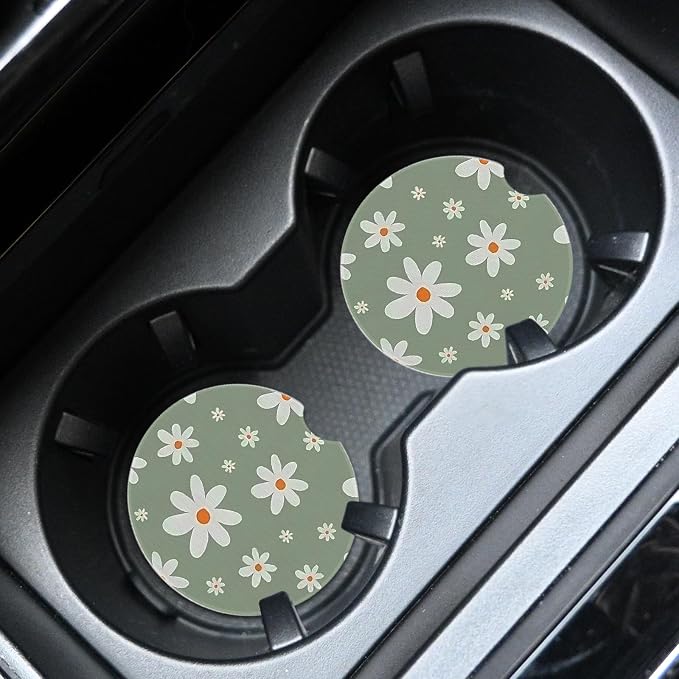 2pcs Cute White Flowers Car Coasters,Absorbent Universal neoprener Cup Holder Coasters with a Finger Notch,Car Accessories for Women&Man Interior，2.75" 8