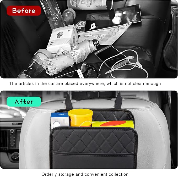 Car Back Seat Organizer, Large Capacity Foldable Car Headrest Hanging Organizer with Storage Pockets, Waterproof Leather Multipurpose Back Seat Storage Bag for Most Vehicles (Black)