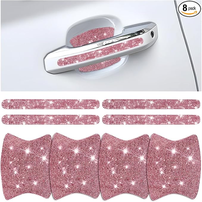 Mandark 8PCS Bling Car Door Handle Protector, Crystal Rhinestone Vehicle Door Bowl Protective Sticker, Glitter Anti-Scratch Auto Decor Decals Accessories, Universal for SUV, Sedan, Truck (Light Pink)