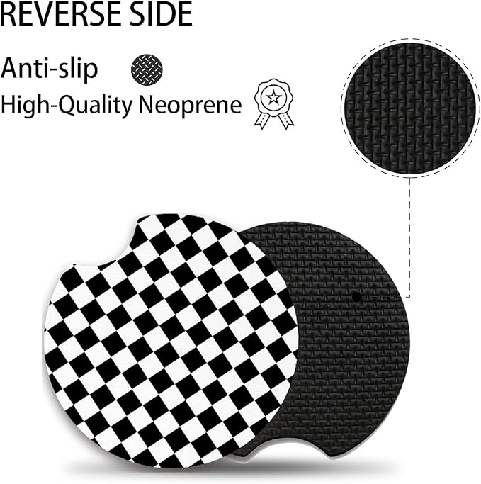 Cute Car Coasters for Cup Holders, 2 Pack Absorbent Universal Neoprene Car Coasters with Finger Slot, Auto Accessories for Women & Men,2.56"(Black/White)