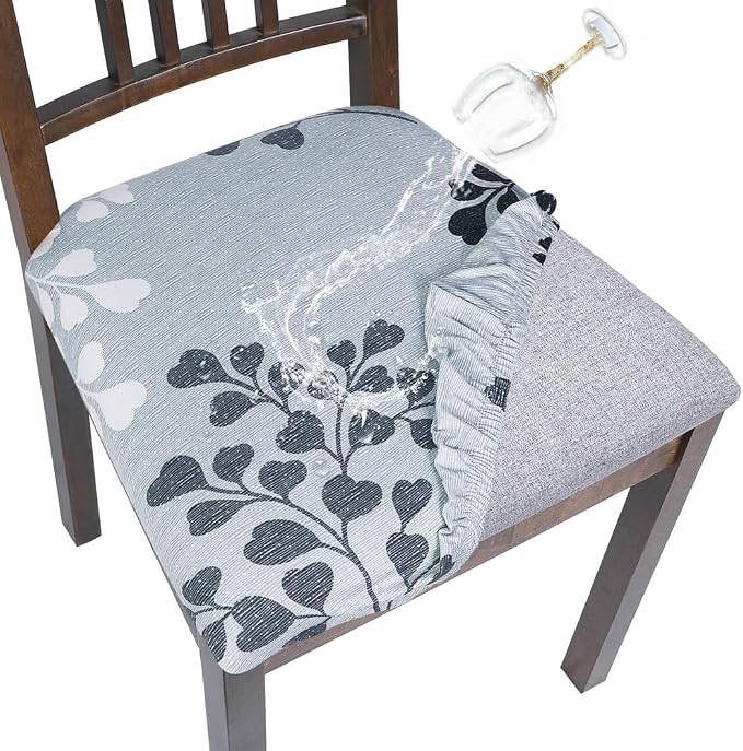 SearchI Water Repellent Seat Covers for Dining Chairs, 4 Pack Jacquard Stretch Dining Room Chair Seat Covers, Kitchen Chair Seat Covers Protectors(Grey Foliage)
