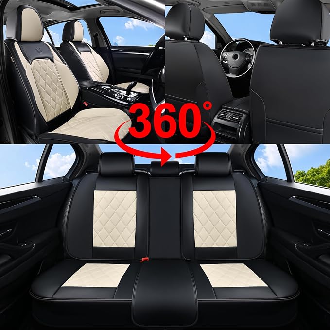 Coverado Car Seat Covers Full Set, Luxury Faux Leather Waterproof Seat Cover, Black and White Car Seat Covers, Car Seat Protector, Automotive Seat Covers Universal Fit for Most Cars, Black&White