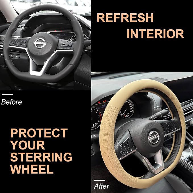 PINCTROT D Shaped Nappa Leather Steering Wheel Cover, Slim Fit No Bulk Design, One Piece Leather with Breathable Perforation, Fit Like Gloves, Flat Bottom 14.5-15 Inch(Nappa Light Taupe)