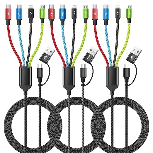 4 in 2 Multi Charging Cable, 3 Pack 5FT Charging Cord for Multiple Devices | USB C Charging Cable with Dual Type-C, IP & Micro Ports, Nylon Braided Multi Device Charger Cord for Travel and Car