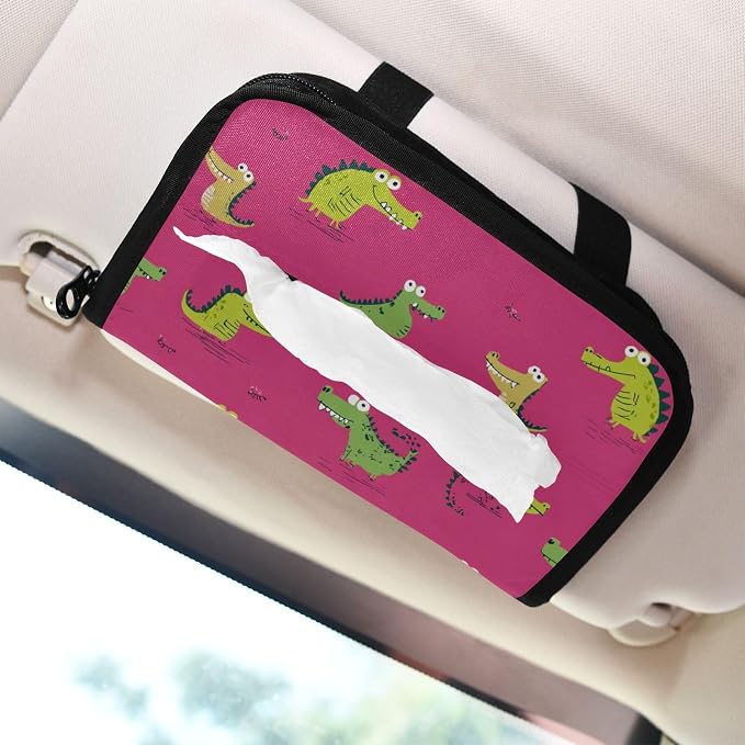 Car Visor Tissue Holder Mask Holder for Car, Car Tissue Box Sun Visor Napkin Holder Car Visor Accessories Adjustable Straps Reusable Durable Easy to Install Pink Funny Crocodiles