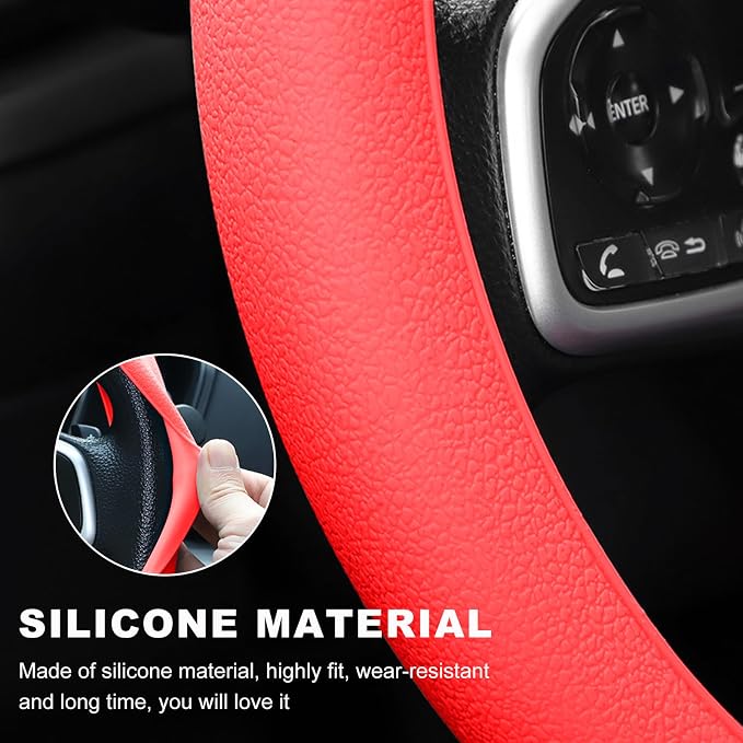 DXNQ Car Steering Wheel Cover, 13 to 14.17 inches Anti-Slip Silicone Steering Wheel Protector, Soft Flexible Shock-Absorbent Steering Wheel Protective Cover for Most Car Models (Red)