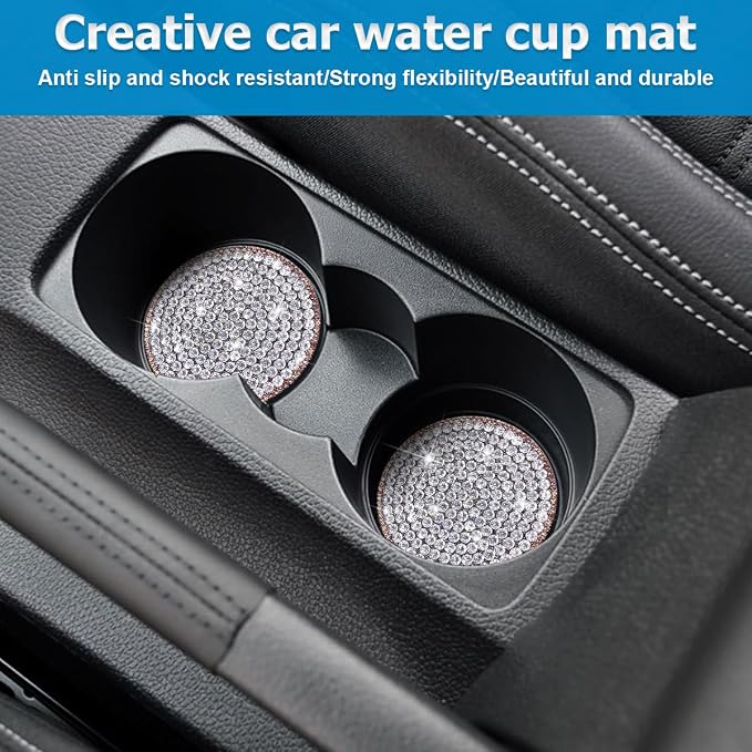 Bling Car Cup Holder Coaster, 2PCS 2.75 Inch Crystal Rhinestone Anti Slip Vehicle Drink Cup Mat for Women Girls, Auto Interior Embedded in Ornaments. Universal Fit (Golden Diamond)