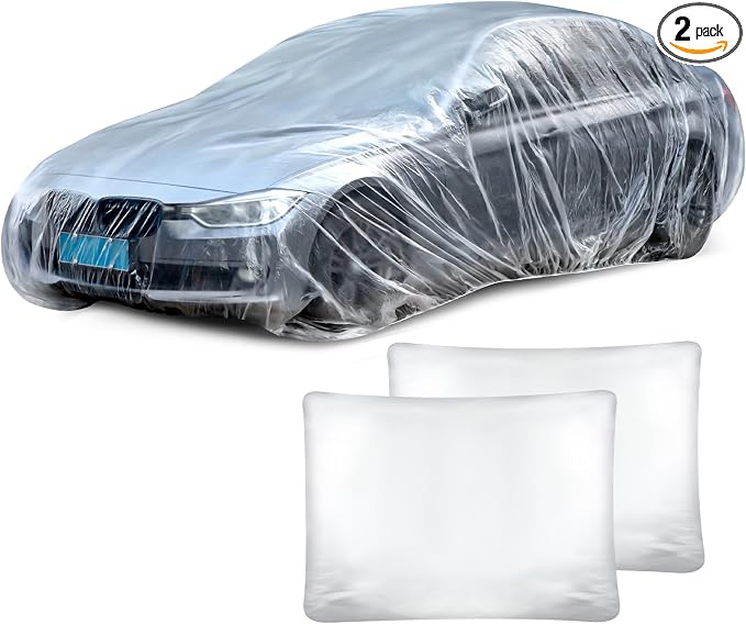 BBTO 2 Pack Universal Plastic Car Cover with Elastic Band Disposable Clear Car Covers Bulk 12.5 x 21.6 ft Waterproof Dustproof Full Exterior Protector for Sedan Outdoor Snow Rain Weather