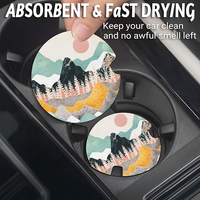 Yonlevres Car Coasters for Cup Holders，2.75" Anti Slip Rubber Mat with A Finger Notch, 2 Pack Car Cup Holder Coasters for Car Interior Accessories for Women Men Boho Abstract Mountain