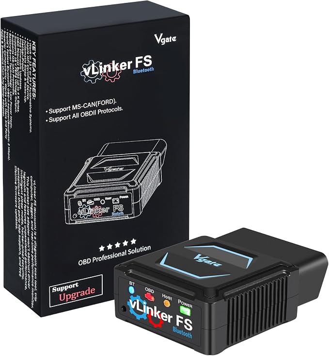 Vgate vLinker FS Bluetooth FORS-can 0BD2 Adapter for-d Fixd Car Diagnostic Tool OBD2 Scanner Bluetooth MS-CAN Work for iOS, Android & Windows, Black