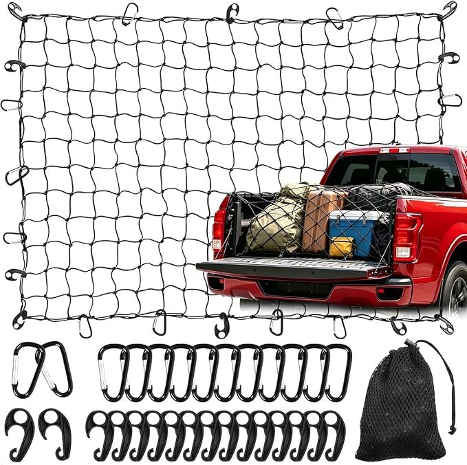 4' x 6' Cargo Net for Pickup Truck Bed Stretches to 6' x 12' Heavy Duty Roof Rack Cargo Bungee Mesh Netting with Hooks Carabiners for Ford Chevy Dodge Ram Toyota