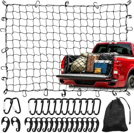 4' x 6' Cargo Net for Pickup Truck Bed Stretches to 6' x 12' Heavy Duty Roof Rack Cargo Bungee Mesh Netting with Hooks Carabiners for Ford Chevy Dodge Ram Toyota