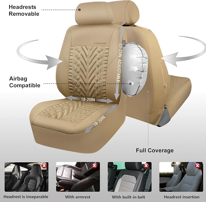 CAR PASS Neoprene Waterproof Seat Covers Full Sets, Wetsuit Car Seat Covers 5 Seats Universal Fit for Vans, Truck, SUV, 3D Tyre Embossed Seat Covers Anti Slip with Armrests, Aibag Compatible All Beige