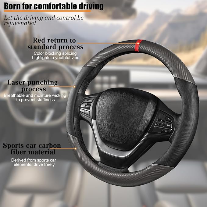 Carbon Fiber Car Steering Wheel Cover, Leather Breathable Automotive Wheel Protector, 15 Inch Anti-Slip Vehicle Interior Steering Accessories, Universal for SUV Truck Sedan (Gray)