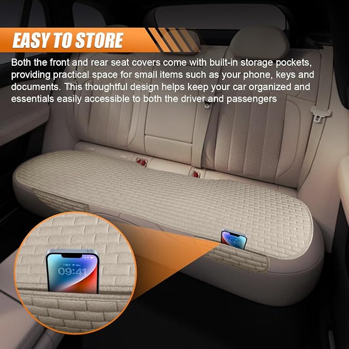 Car Rear Seat Cover, Breathable Linen Auto Seats Cushion (Beige) | Anti-Slip Vehicle Seat Pad with Storage Pocket, Universal Automotive Seats Protection Mat for Car, SUV, Truck
