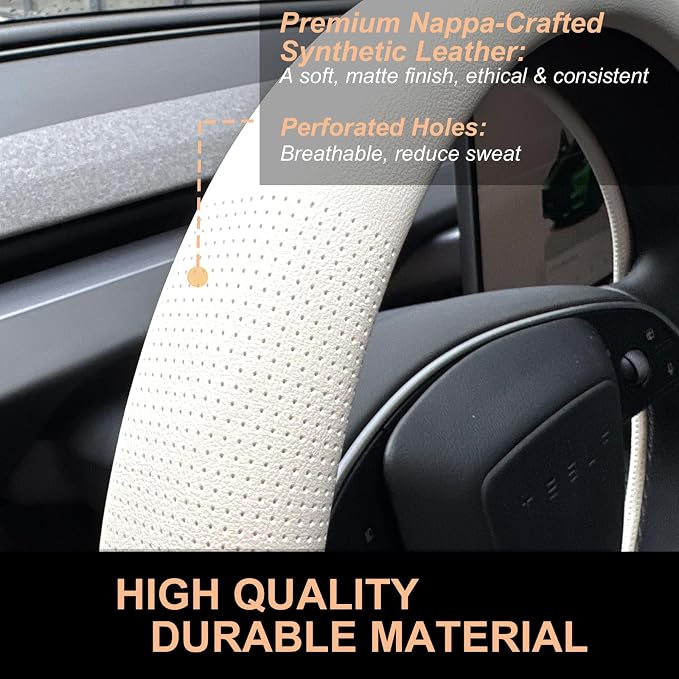 PINCTROT Nappa Leather Steering Wheel Cover for Tesla Model Y/3 Highland/Juniper, D Shaped 14 Inch Small Sized with Breathable Perforation, Fit Like Gloves, Flat Bottom 14 Inch(Nappa White)