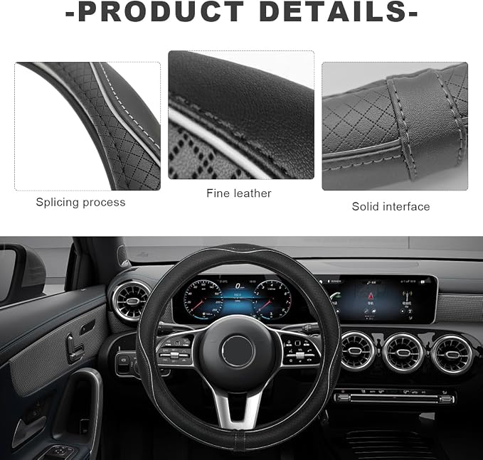 Car Steering Wheel Cover, 15 Inch Anti-Slip Breathable Leather Auto Steering Wheel Protector, Full Surround Soft Steering Wheel Cover for Men Women, Car Interior Accessories (Black & White)