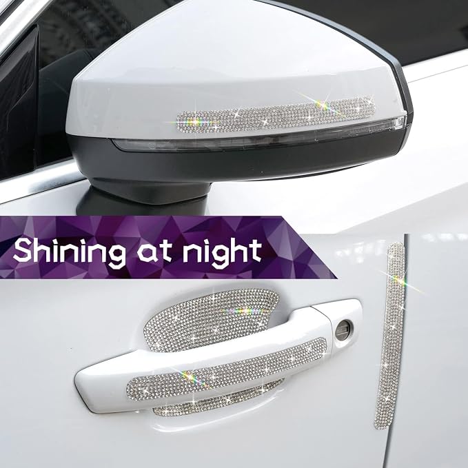 10PCS Car Door Handle Bling Rhinestones Stickers, Sliver | Universal Auto Door Handle Safety Reflective Strips, Cute Things for Car