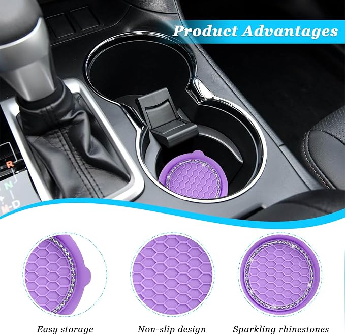 Ziciner 4 PCS Car Cup Coaster Holders, 3.15 Inch Silicone Anti-Slip Auto Insert Coaster, Crystal Rhinestone Car Drink Cup Mat, Universal Durable Auto Interior Accessories (Purple, 4Pack)