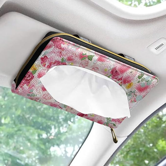 Rose Car Sun Visor Napkin Holder Hearts Print Sun Visor Tissue Holder PU Leater Backseat Tissue Box Gift for Women Wife Girls