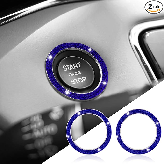 2PCS Car Bling Crystal Rhinestone Engine Start Ring Decals, Push to Start Button Cover, Key Ignition & Knob Bling Ring, Car Accessories for Women