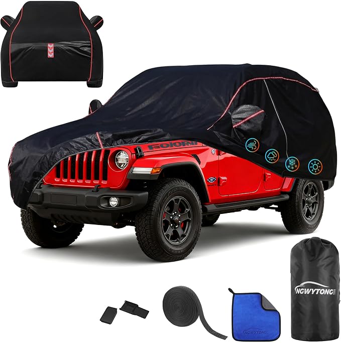 Car Cover Waterproof All Weather 8-Point Fastening for Wrangler 2006-25 | All-Around Wind-Resistant Fastening, 120s Quick Setup, 600D Oxford Fabric, All-Weather Protection