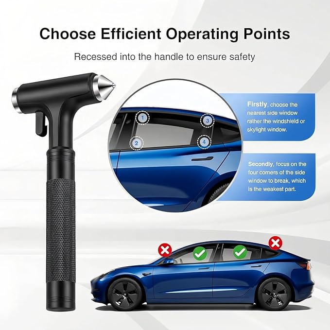 Tesla Glass Breaker Window Breaker Seatbelt Cutter Safety Hammer Car Window Breaker Tool Seatbelt Cutter Emergency Rescue Tools Metal Window Hammer Model Y/3/X/S Car Accessories (Black)