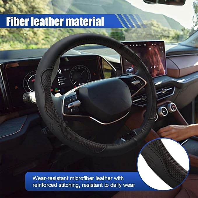 15 Inch Leather Car Steering Wheel Cover for SUV, Truck, Blackline | Anti-Slip Breathable Automotive Steering Wheel Protector, Universal Heat Resistant Vehicle Interior Accessories