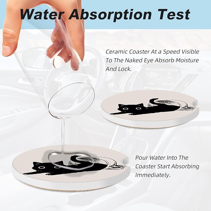 Cute Black Cat Car Coasters for Cup Holders,2 Pack Car Cup Holder Coasters for Car,Ceramic Absorbent Car Coaster with A Finger Notch and Cork Base,Car Interior Accessories for Women Men