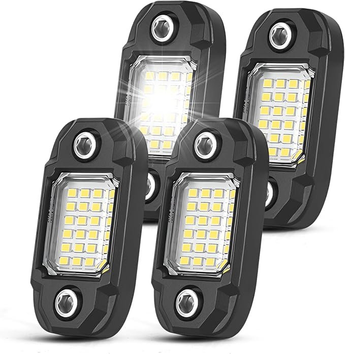 4 Pods White Rock Lights Underglow Light for Cars Trucks Trail Rig Lamp | 24 LED chips for each light, waterproof led bottom chassis lights